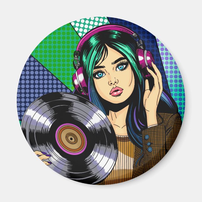 Pop Art Girl with Record Magnet (Front)