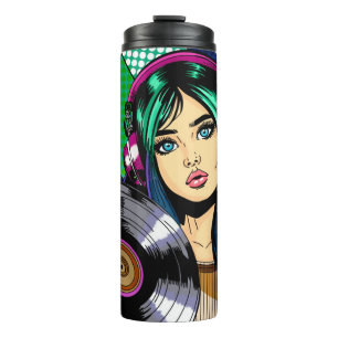 Pop Art Girl with Record Personalised Thermal Tumbler