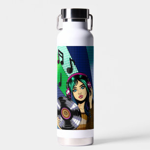 Pop Art Girl with Record Personalised Water Bottle