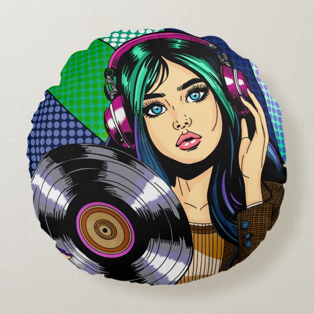 Pop Art Girl with Record Round Cushion (Front)