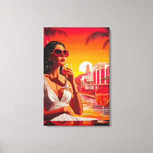 Pop Art Glamourous Woman at Sunset with Wine Canvas Print