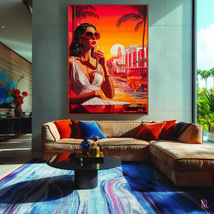 Pop Art Glamourous Woman at Sunset with Wine Canvas Print