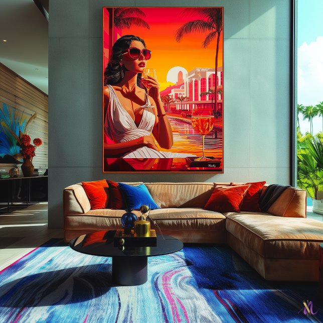 Pop Art Glamourous Woman at Sunset with Wine Canvas Print (Creator Uploaded)