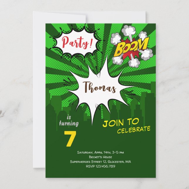 Pop art green comic birthday invitation (Front)