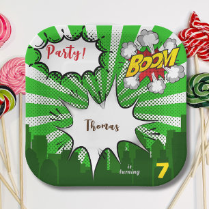 Pop art green comic birthday paper plate