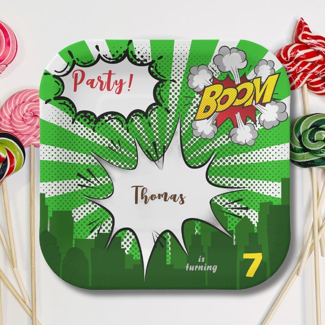 Pop art green comic hero birthday paper plate (Creator Uploaded)