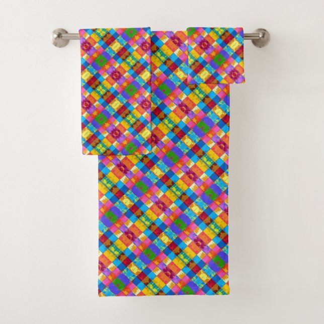 Pop Art grunge Colour Blocks Bath Towel Set (Insitu)