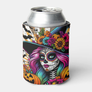 Pop Art Halloween Sugar Skull, Ghost and Pumpkins Can Cooler