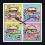 Pop Art HAMBURGER WALL CLOCK<br><div class="desc">Pop Art HAMBURGER with FRIES. A classic pop art style graphic of the All American Burger & French Fries - A sesame seed bun and pickle chips as sides! Retro and fun,  perfect for restaurants,  diners and the home kitchen.</div>