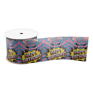 Pop Art Happy Birthday Cake  Satin Ribbon