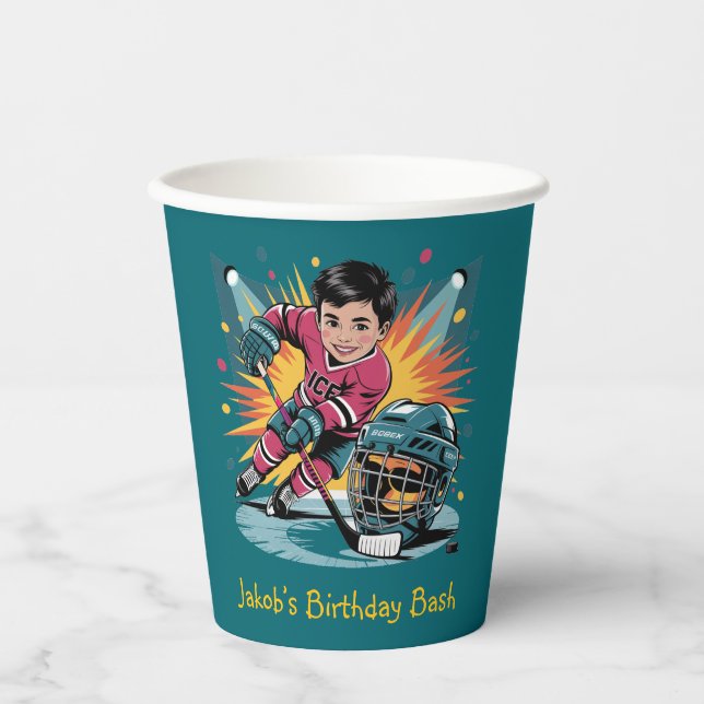 Pop Art Hockey Player Birthday Bash Paper Cups (Front)