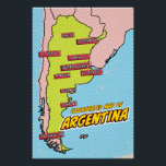 Pop Art Illustrated Argentina Poster<br><div class="desc">This illustrated map of Argentina is rendered in a vibrant pop art style. The map is outlined in black and filled with a bright yellow colour, set against a blue background with a dotted pattern. The major cities of Argentina are labelled in blue boxes.</div>