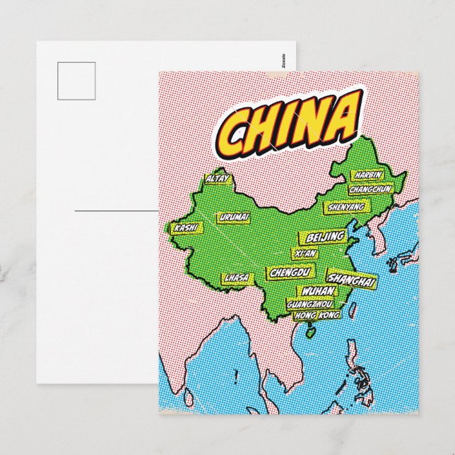 Pop Art Illustrated China map Holiday Postcard (Front/Back)
