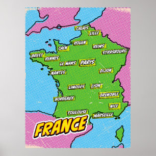 Pop Art Illustrated France map Poster