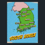 Pop Art Illustrated South Korea map Poster<br><div class="desc">A pop art style map of South Korea with a bright blue background and a dotted pattern.</div>
