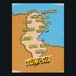 Pop Art Illustrated Tunisia map Poster<br><div class="desc">Pop Art Illustrated Tunisia African map in a beautiful vintage worn style.</div>