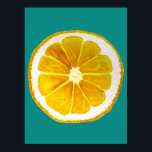 Pop art lemon fruit slice original watercolour poster<br><div class="desc">A cute and colorful vibrant yellow lemon fruit slice from an original painting by artist Sacha Grossel. This large pop art style fruit is yellow and very bright and colorful against a customisable blue teal colored background. Quirky and original.</div>