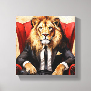 Pop art lion in black suit sitting in red chair canvas print