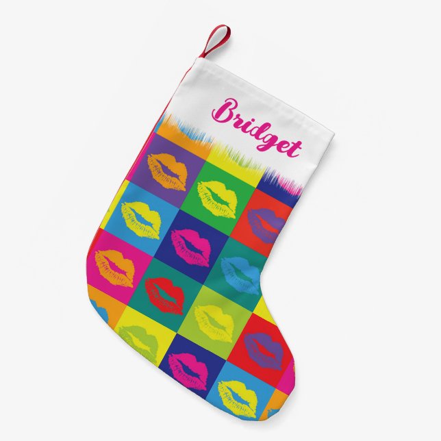 Pop Art Lips Christmas Kisses Small Christmas Stocking (Front (Hanging))