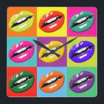 Pop Art Lips Pattern Designed Clock. Square Wall Clock<br><div class="desc">Express the time with this modern Pop Art Lips patterned clock. If you like this design, check out the large range of products in my store. If you would like to make this Clock more personalized, please message me and I will be happy to assist. Thank you for the support...</div>