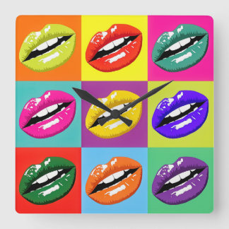 Pop Art Lips Pattern Designed Clock. Square Wall Clock