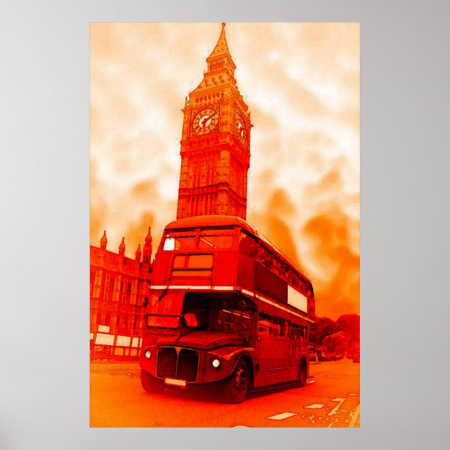 Pop Art London Bus Big Ben Red Orange Yellow Poster (Front)