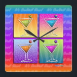Pop Art MARTINIS Square WALL CLOCK<br><div class="desc">The classic martini glass gets a pop art treatment in a rainbow of colours. The traditional olive garnishes the rainbow pop art martinis with a dash of humour in this contemporary, retro inspired graphic for some true happy hour happiness! Perfect for every Martini Lover - This fun graphic pop art...</div>
