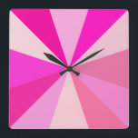 Pop Art Modern 60s Funky Geometric Rays in Pink Square Wall Clock<br><div class="desc">This hip,  retro 60s-inspired pop art square clock has psychedelic pink rays / sunbursts shooting out in a geometric pattern. There are twelve rays to mark the time - no need for numbers on this funky,  minimalist,  ultra-mod,  girly clock. It's groovy,  baby.</div>