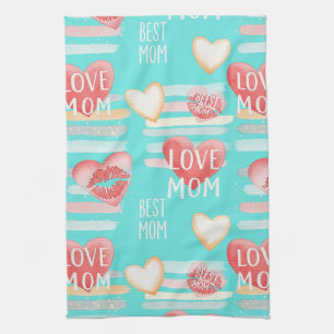 Pop Art MOM Love Pattern in Turquoise (2) Tea Towel