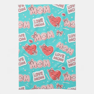 Pop Art MOM Love Pattern in Turquoise Tea Towel