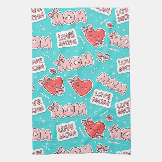 Pop Art MOM Love Pattern in Turquoise Tea Towel (Vertical)