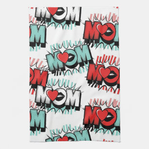 Pop Art MOM Love Pattern in White (1) Tea Towel
