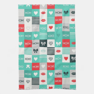 Pop Art MOM Love Pattern with Hearts & Bows Tea Towel