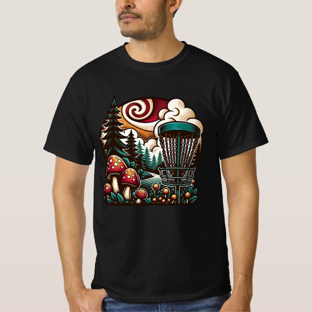 Pop Art Mushrooms and Disc Golf Course Ai Art T-Shirt (Front)