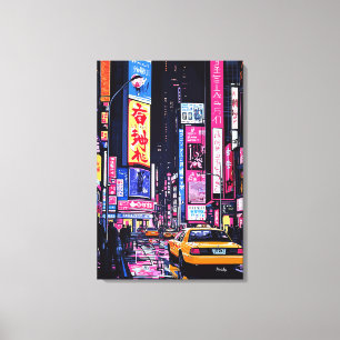 Pop Art Neon Cityscape with Yellow Taxi Canvas Print