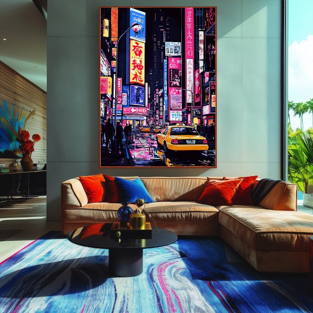 Pop Art Neon Cityscape with Yellow Taxi Canvas Print (Creator Uploaded)