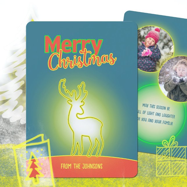 Pop Art Neon Reindeer Two Photo Christmas Holiday Card (Pop Art Neon Reindeer Two Photo Christmas Holiday Card ©Susanne Sachers - Sunny Mind 🌞)