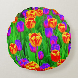 Pop Art Neon Tulips Round Cushion