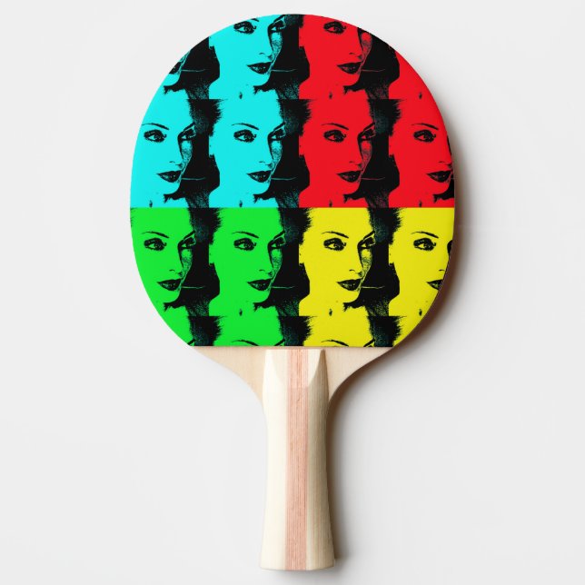 pop art of beautiful woman face, 80s style ping pong paddle (Back)