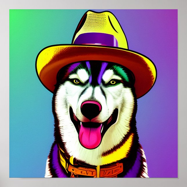 Pop Art Painting of a Husky Dog Wearing a Hat Poster (Front)