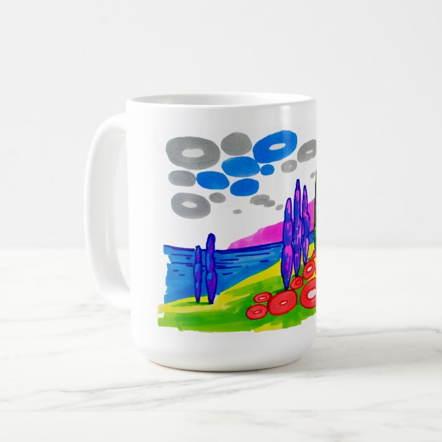 Pop Art Paradise – Bold Graphic Landscape Coffee Mug (Front Left)