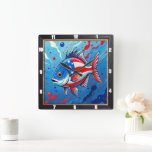 Pop Art Patriotic Fish  Square Wall Clock<br><div class="desc">This vibrant wall clock features a unique pop art style fish, boldly adorned with the American flag's stars and stripes against a dynamic blue background with red splatters. This artistic timepiece is a playful yet patriotic addition to any home decor, offering a colourful and modern statement piece that celebrates both...</div>