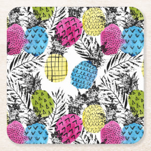 Pop Art Pineapples And Palm Leaves 2 Square Paper Coaster