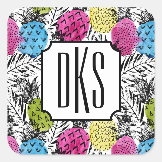Pop Art Pineapples And Palm Leaves | Monogram Square Sticker (Front)