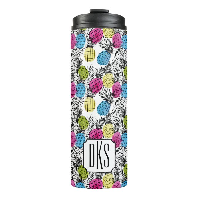 Pop Art Pineapples And Palm Leaves | Monogram Thermal Tumbler (Front)