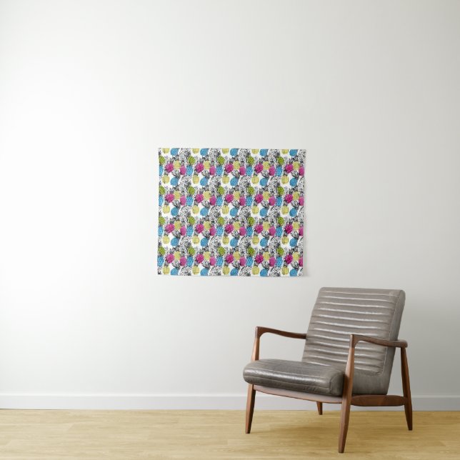 Pop Art Pineapples And Palm Leaves Tapestry (In Situ (Horizontal))