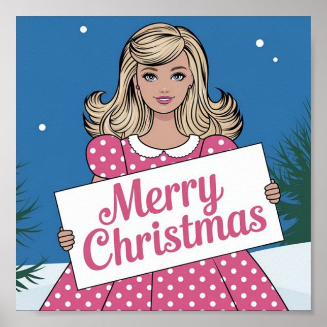 Pop art pink Merry Christmas retro girl Poster (Front)