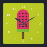 Pop Art popsicle fruity watermelon Square Wall Clock<br><div class="desc">A cute pop art colourful bright illustration of a watermelon popsicle ice-block in pink and lime green. Happy and fruity !</div>