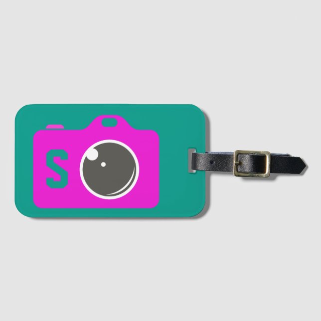 Pop Art Purple Camera Green Monogram Luggage Tag (Front Horizontal)