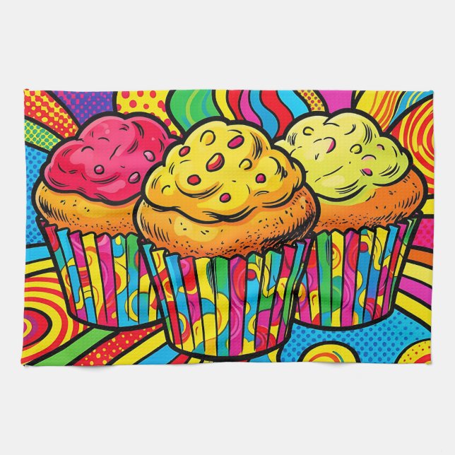 Pop Art Rainbow Cupcakes Explosion Tea Towel (Horizontal)